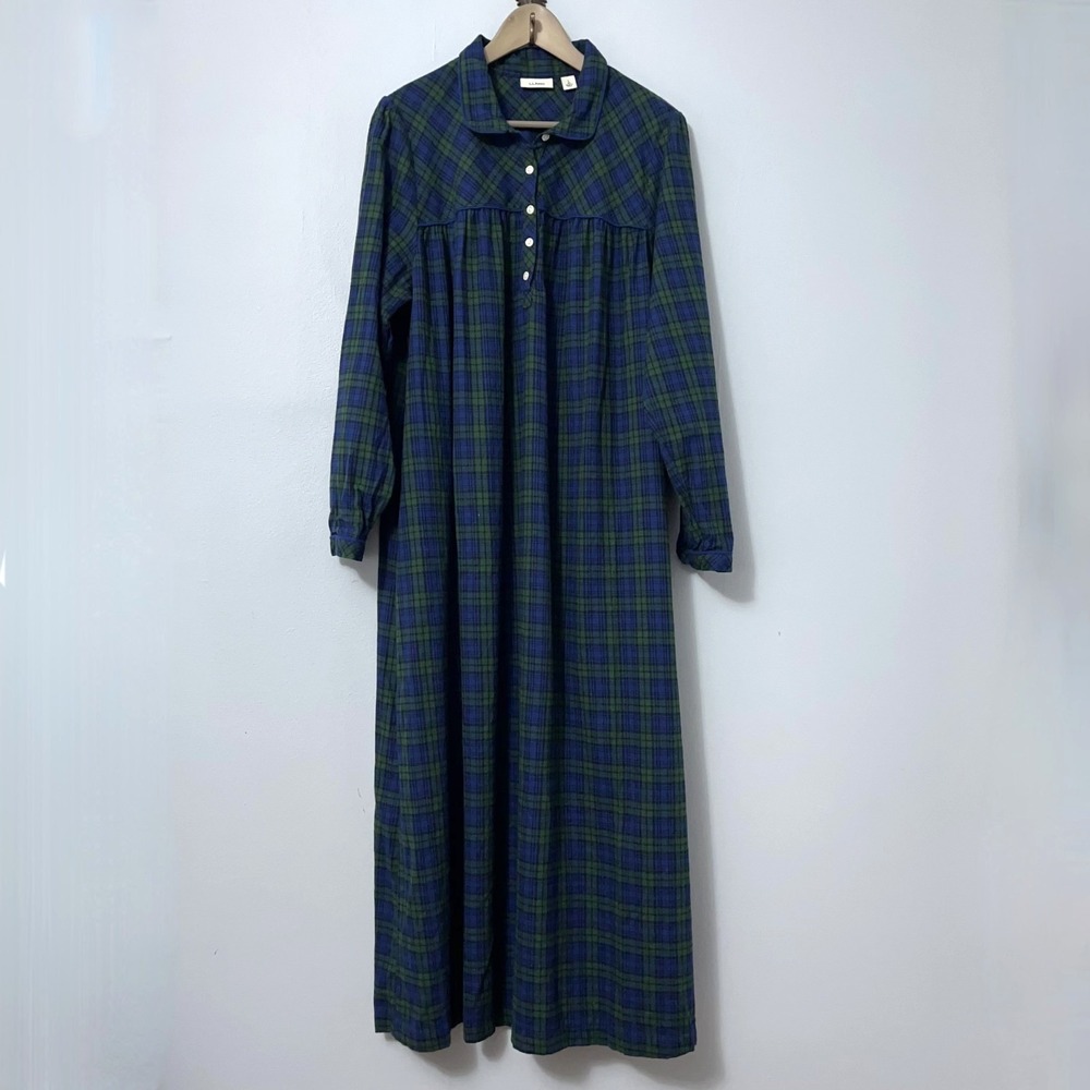 LL Bean Flannel Nightgown Women Large Blue Green Tartan Plaid